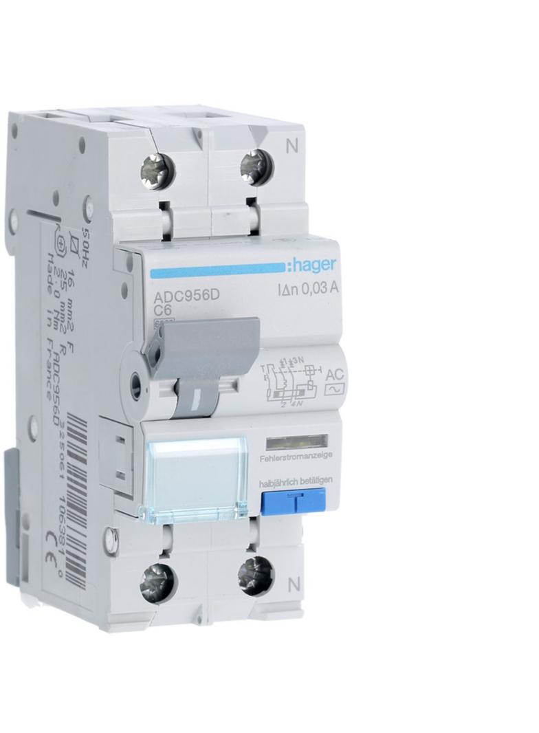 RCBO Wyłącznik różnicowoprądowy z członem nadprądowym 1P+N 6kA C6A 30mA Typ AC ADC956D HAGER
