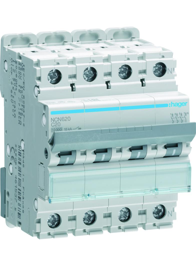 MCB Wyłącznik nadprądowy 10kA/15kA 3P+N C 20A NCN620 HAGER