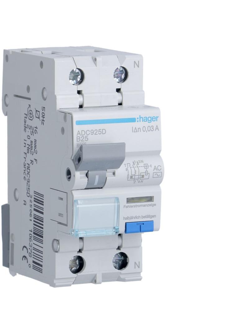 RCBO Wyłącznik różnicowoprądowy z członem nadprądowym 1P+N 6kA B25A 30mA Typ AC ADC925D HAGER