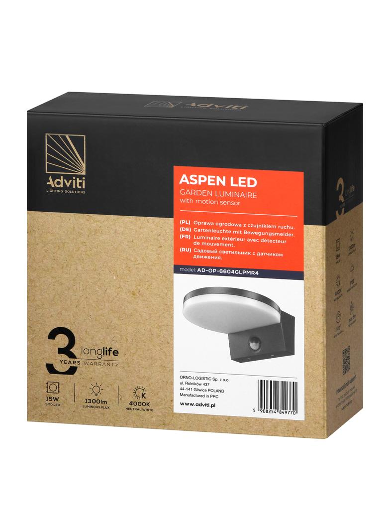 ASPEN LED 15W, oprawa ogrodowa z czujnikiem ruchu PIR, 1300lm, IP65, 4000K, szara