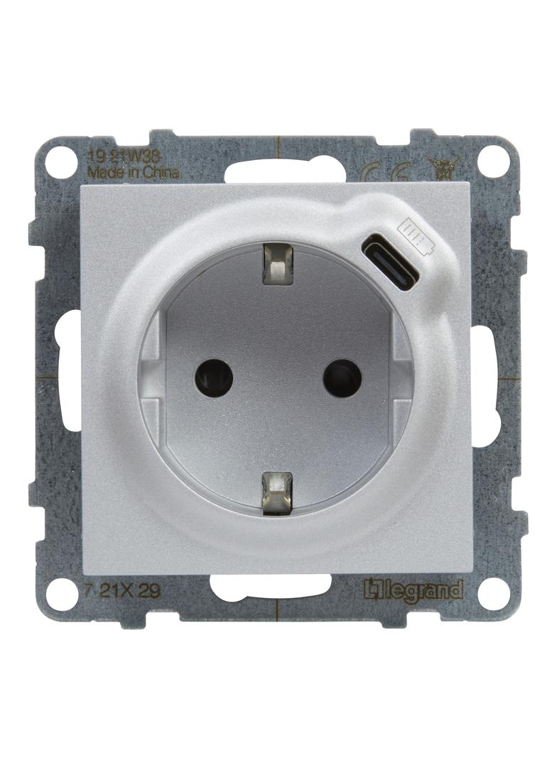 Suno Gniazdo Pojedyncze Z Uziemieniem Schuko 2P+Z 16A 250 V + Usb Typ C 1,5A 5 V Aluminium 721329 LEGRAND