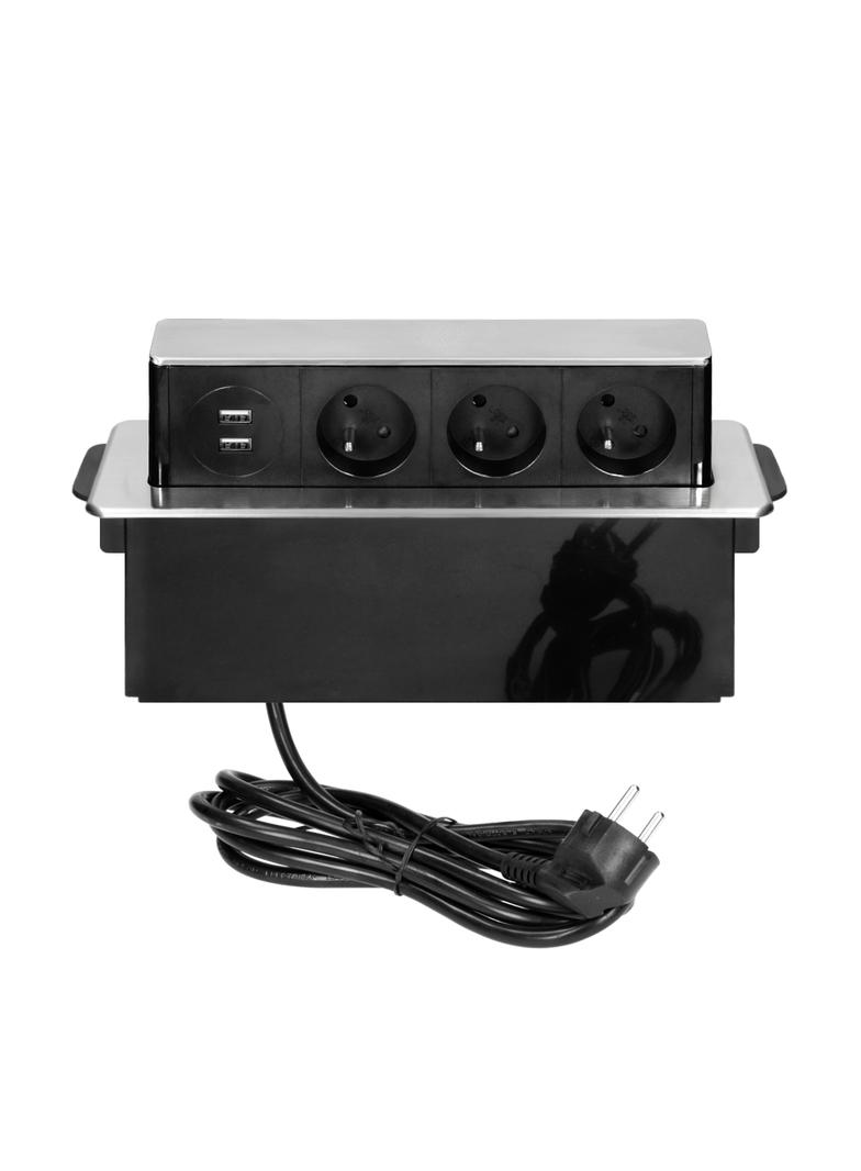 Gniazda wysuwane z blatu z płaskim frezowanym rantem ładowarką USB i przewodem 2m 3 gniazda typ E OR