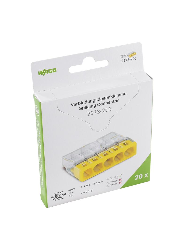 Szybkozłączka 5x 0,5‑2,5mm2 transparentna/żółta 2273‑205, 2273‑205/995‑020 /20szt./ WAGO