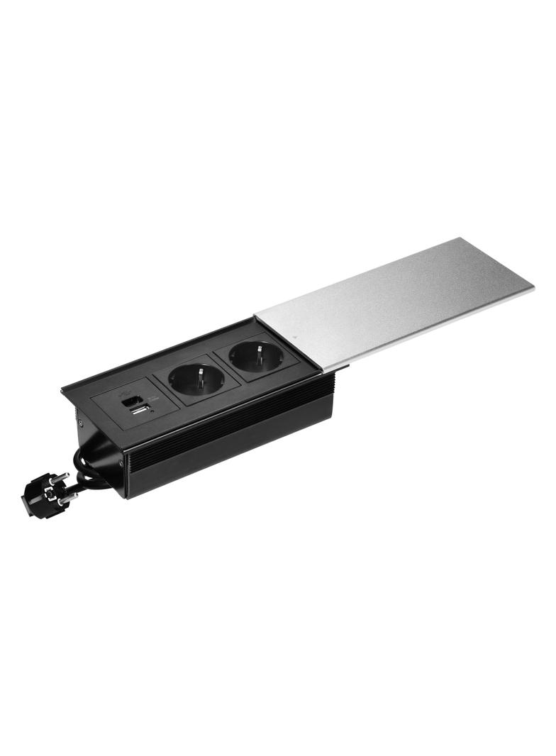 "Gniazdo meblowe z przesuwną klapką i przewodem 1,8m, 2x2P+Z (Schuko), 2xUSB (typ A+C