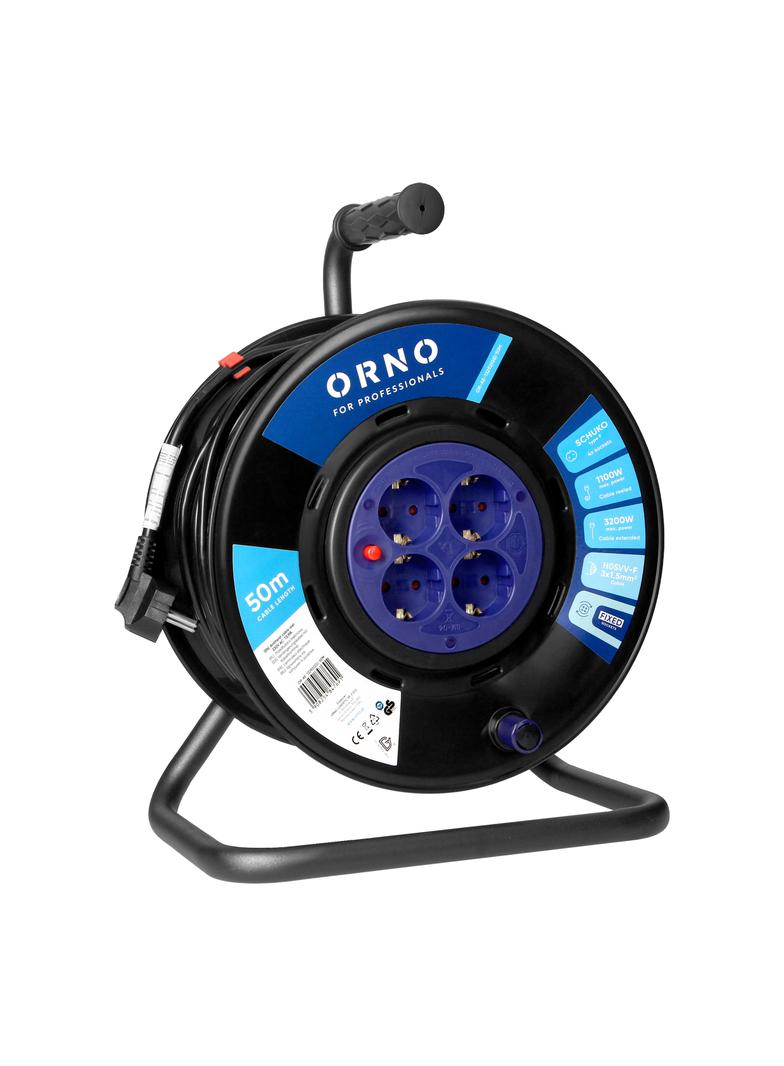 Przedłużacz bębnowy, 4 gniazda 2P+Z Schuko, kabel PVC H05VV-F 3x1,5mm2, długość - 50m, STAŁE GNIAZDA