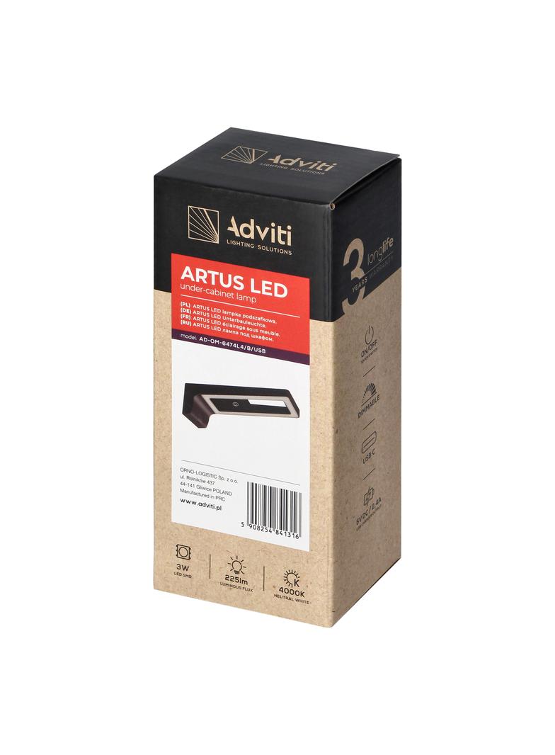 ARTUS lampka podszafkowa LED 3W, 225lm, 4000K, z włącznikiem dotykowym i USB, czarna