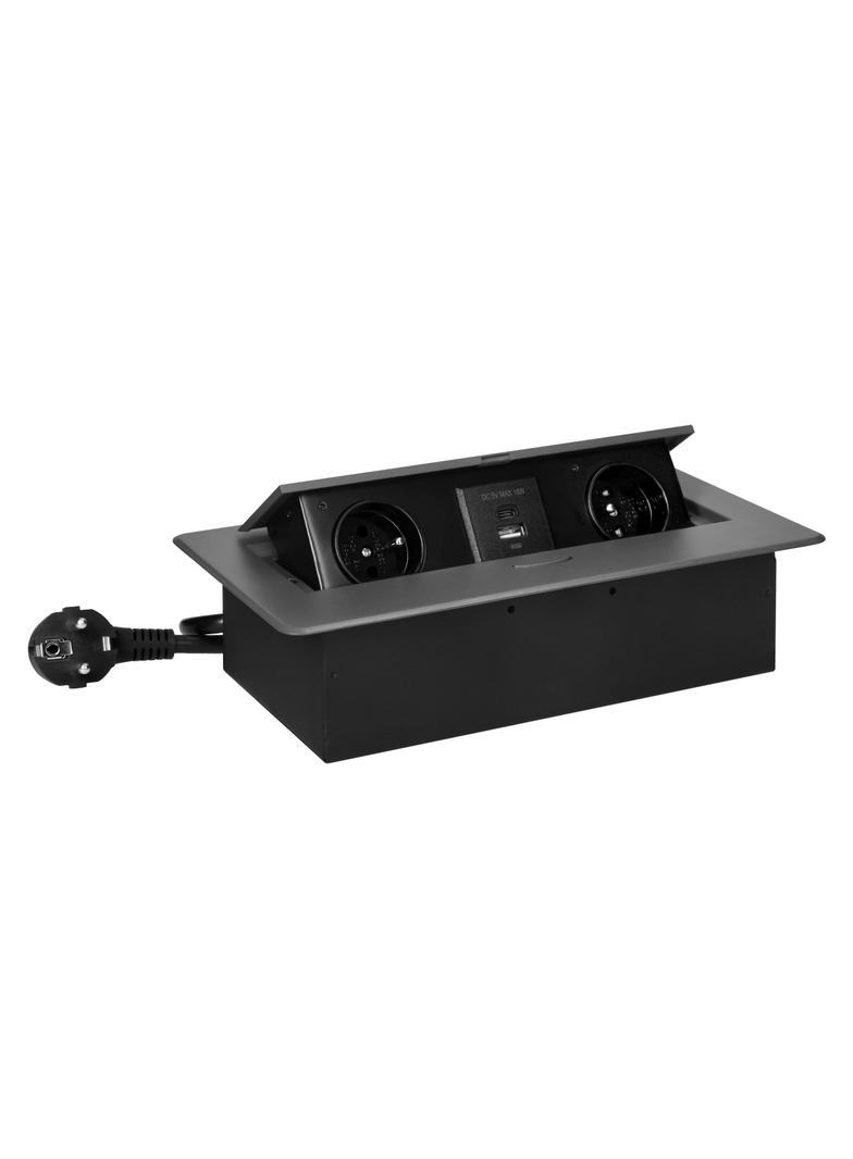 Gniazda meblowe wpuszczane w blat z płaskim frezowanym rantem, ładowarką USB i przewodem 1,5m, 2x2P+