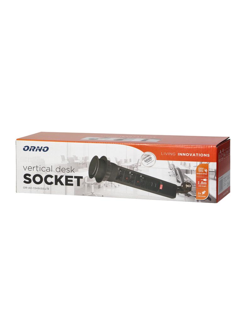 Gniazdo meblowe O6cm wysuwane z blatu z ładowarką USB, blokadą i przewodem 1,8m, 3x2P+Z (Schuko), cz OR-AE-1349(GS)/B ORNO