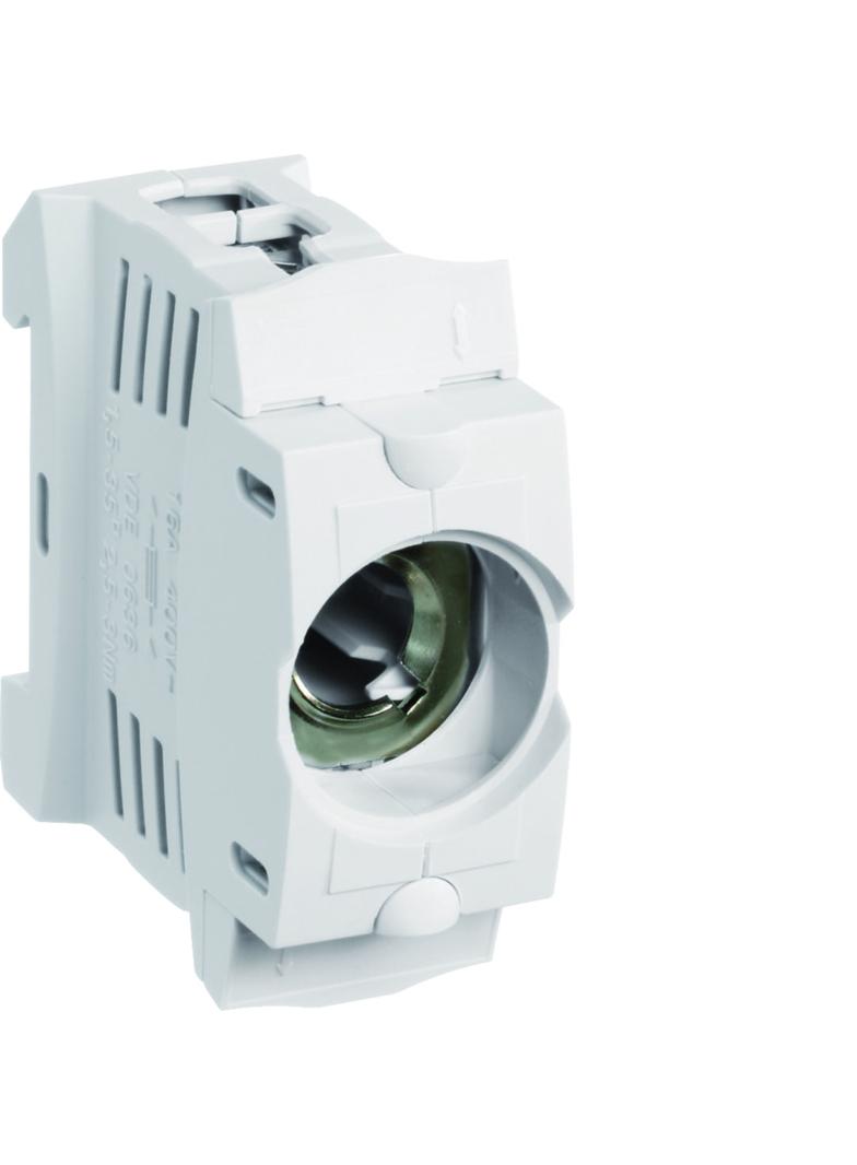 Gniazdo bezp. z tworzywa D01/1 E14 1P SIS 16A 400VAC TS35 zac.kl. 35mm2 LD042 HAGER