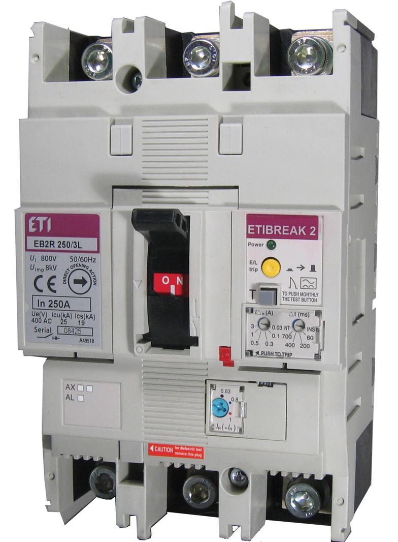Wyłącznik 3P 25kA z blokiem różnicowoprądowym EB2R 250/3L 250A 3P 004671582 ETI