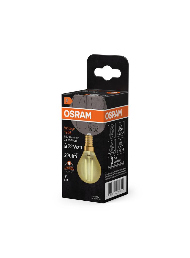 Lampa LED Vintage 1906 CL P Filament szkło przezroczyste GOLD 22 non-dim 2,5W 824 E14