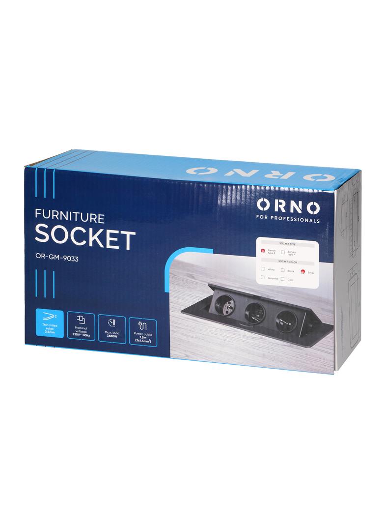 Gniazdo meblowe wpuszczane w blat z płaskim frezowanym rantem i przewodem 1,5m, 3x2P+Z, srebrne