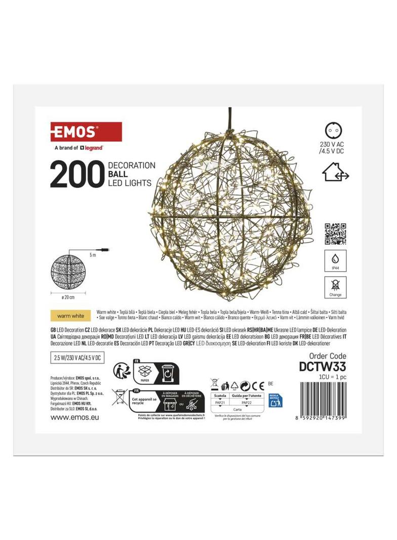 Ozdoba świąteczna kula 200 LED 20 cm ciepła biel IP44 DCTW33 EMOS