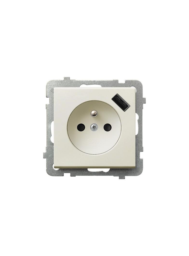 SONATA Gniazdo pojedyncze z uziemieniem z przesłonami torów prądowych, z ładowarką USB - kolor ecru