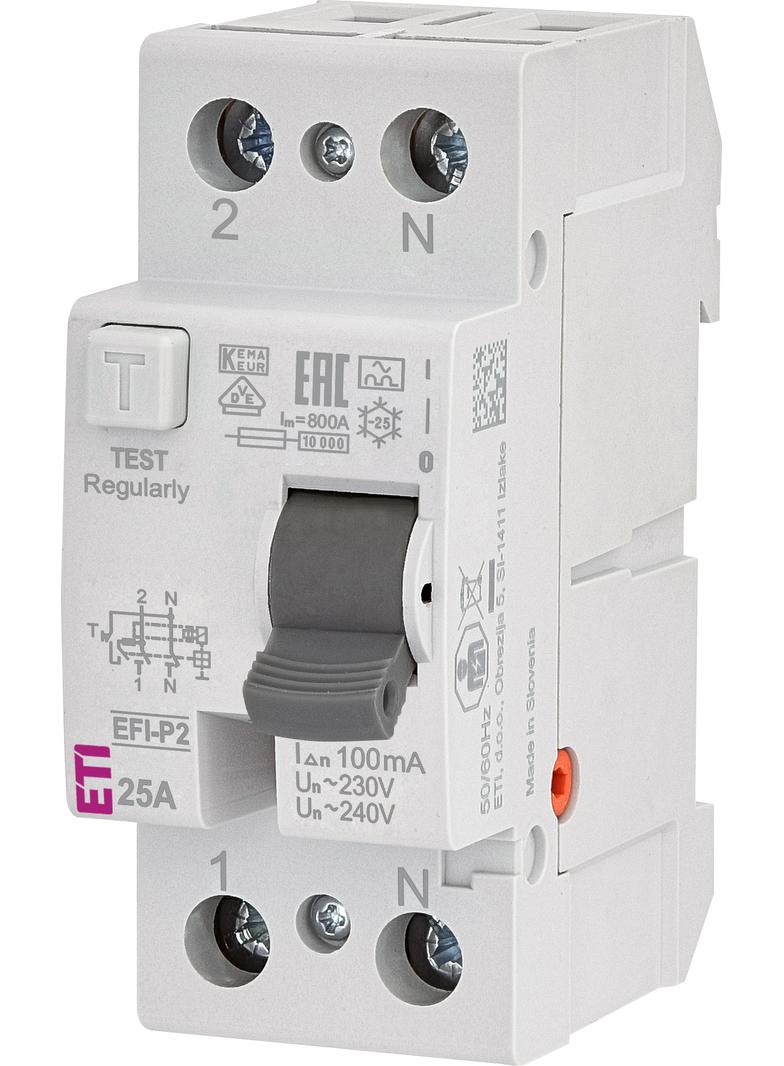 Wyłącznik różnicowoprądowy EFI-P2 A 25/0.1 1P+N 25A 100mA Typ A 002061121 ETI