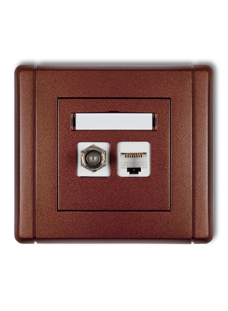 FLEXI Gniazdo antenowe poj. typu F (SAT) + gniazdo komp. poj. 1xRJ45, kat. 6, 8-stykowe brązowy meta