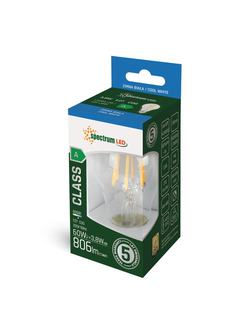 LED GLS E-27 230V 3,8W COG A-CLASS CW CLEAR SPECTRUM 5 lat gwarancji