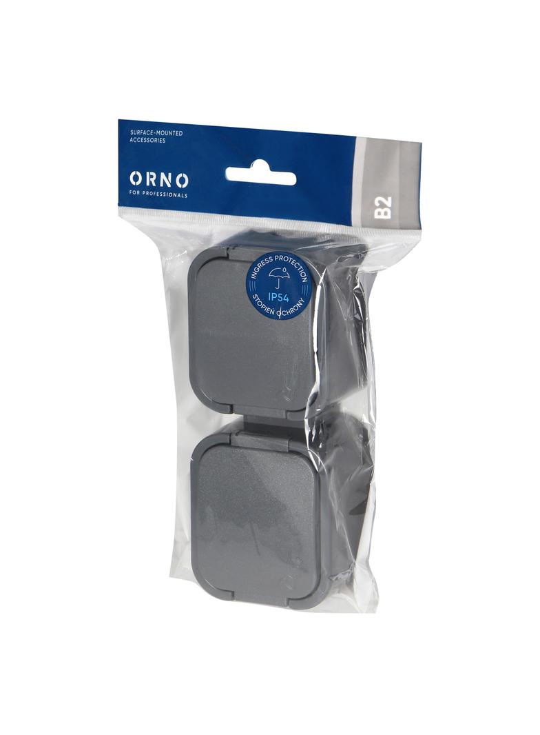 Gniazdo podwójne natynkowe 2x2P+Z, bryzgoszczelne z klapką, pionowe B2, IP54, NT-6B2/P, szary OR-OE-7806/V/G ORNO