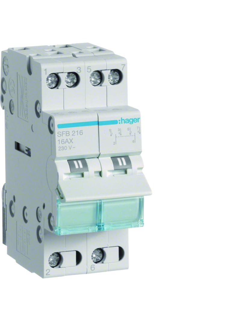 Modułowy przełącznik instalacyjny I-0-II punkt wspólny od dołu 2P 16A 230VAC SFB216 HAGER