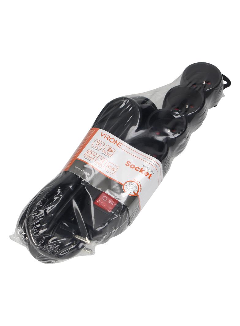 Przedłużacz 5-krotny 2P+Z, z wyłącznikiem, 5m H05VV-F 3x1,5mm2, Imax=16A, płaska wtyczka, czarny