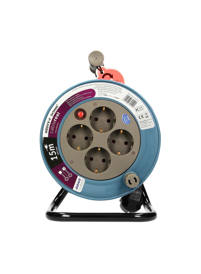 Przedłużacz bębnowy MINI 4 gniazda (Schuko) metalowy stojak polwinit H05VV-F 3x1mm2 długość15m szary