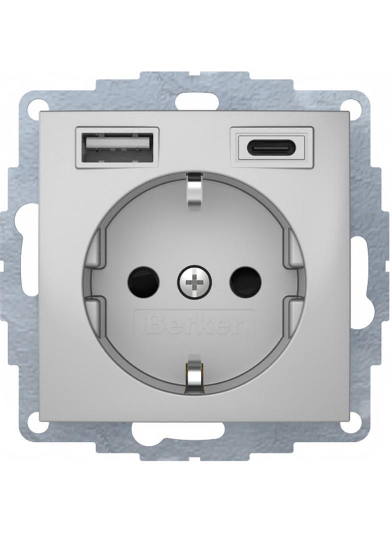 B.x Gniazdo SCHUKO z ładowarką USB A+C 2.4/3.0 A; samozaciski; alu mat