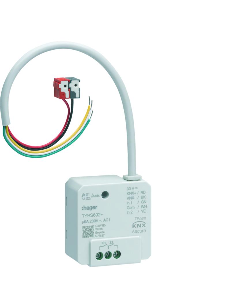 KNX e/s secure Sterownik załączający/żaluzjowy 2-/1-kr + wejście 2-kr. p/t, 6 A TYBS692F HAGER