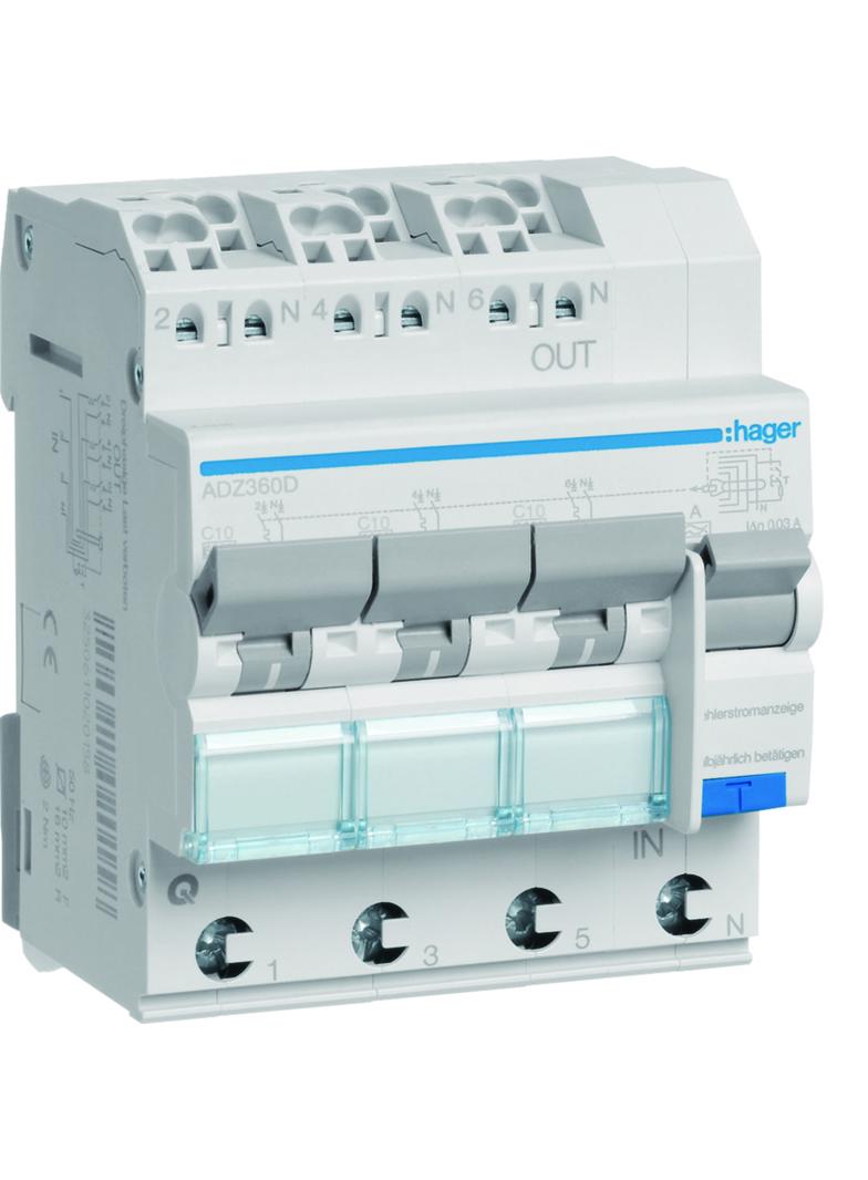 RCBO Wyłącznik różnicowoprądowy z czł. nadpr. 3x1+N 6kA C10A 30mA Typ A QC/QBB ADZ360D HAGER