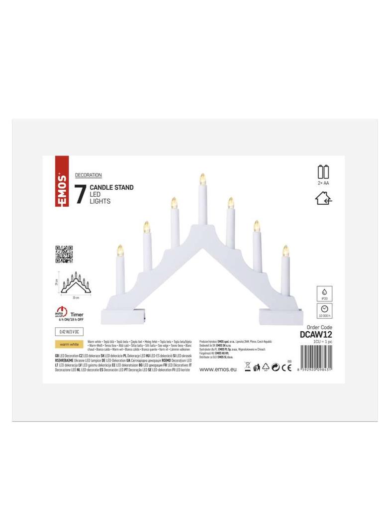 Świecznik świateczny biały drewniany 7 LED 29 cm 2x AA ciepła biel IP20 timer DCAW12 EMOS