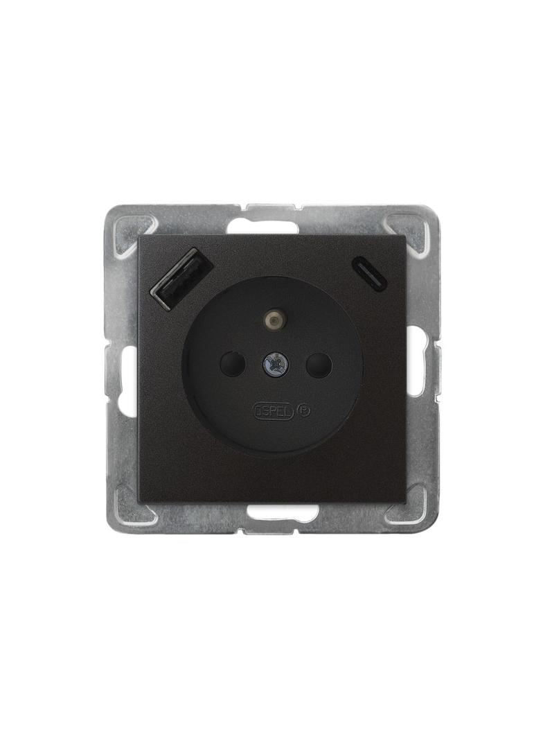 Gniazdo pojedyncze z uziemieniem z ładowarką A+C IMPRESJA ANTRACYT