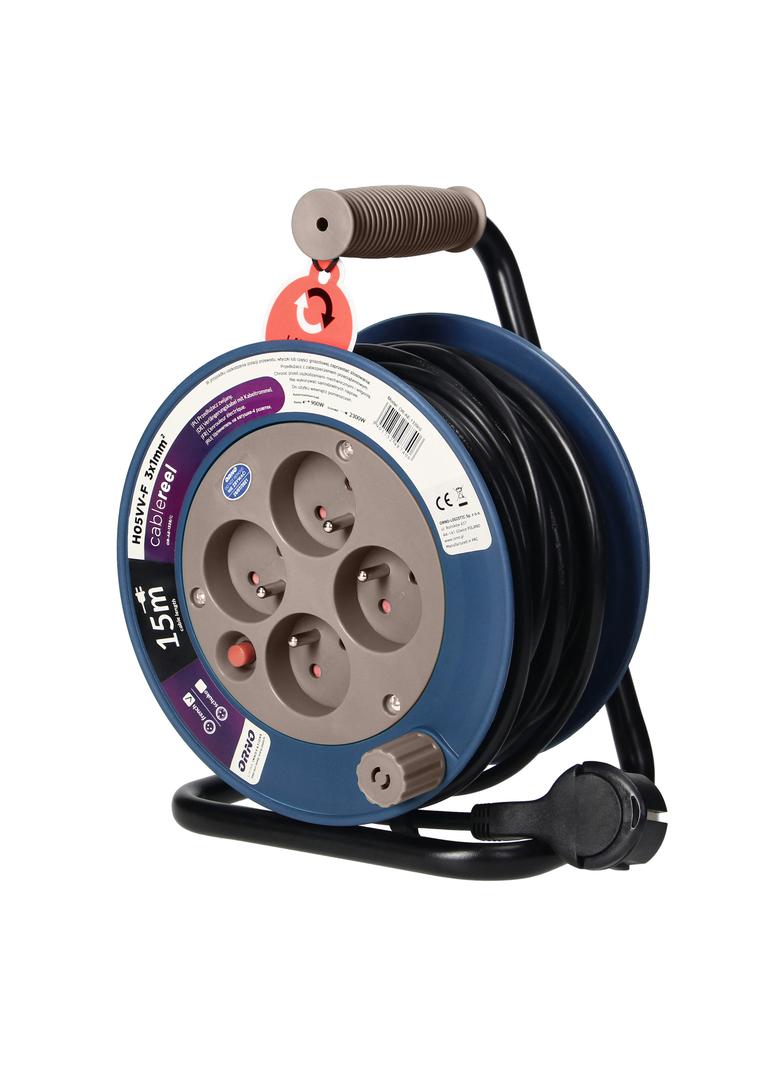 Przedłużacz bębnowy MINI 4 gniazda metalowy stojak polwinit H05VV-F 3x1mm2 długość 15m szary OR-AE-1