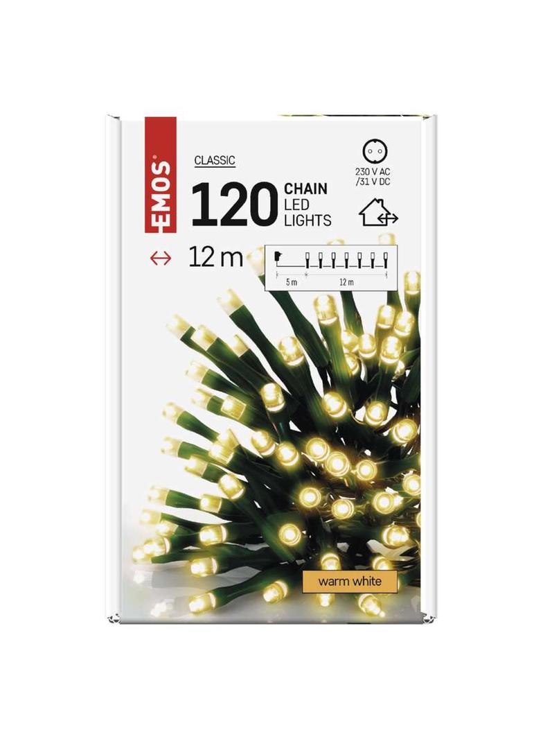 Lampki choinkowe Classic 120 LED 12m ciepła biel, zielony przewód, IP44, timer D4AW03 EMOS