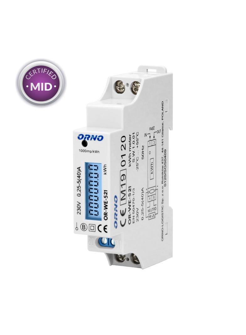 1-fazowy licznik energii elektrycznej 40A MID wyjście impulsowe podświetlenie 1 moduł DIN TH-35mm OR