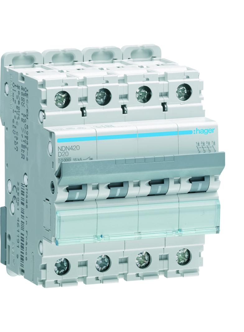MCB Wyłącznik nadprądowy 10kA/15kA 4P D 20A NDN420 HAGER