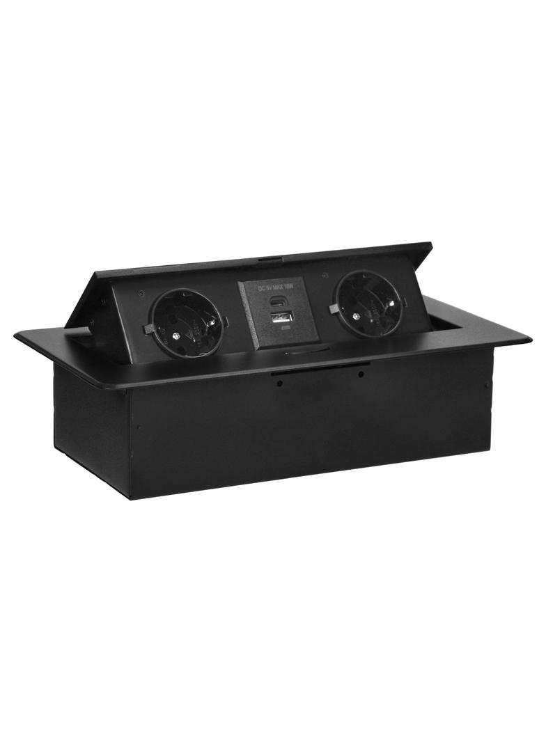 Gniazdo meblowe wpuszczane w blat z płaskim frezowanym rantem i ładowarką USB, 2x2P+Z (Schuko),2x US