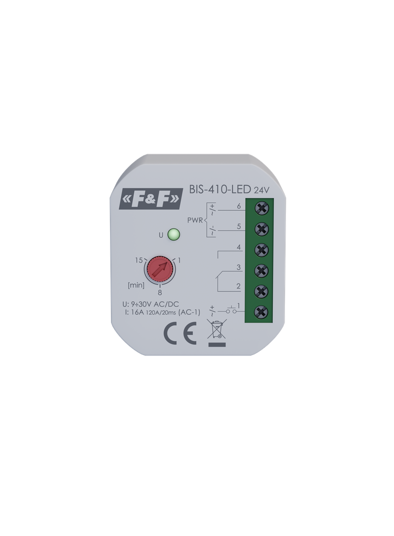 Przekaźnik bistabilny podtynkowy z wyłącznikiem czasowym 9-30 V AC/DC do podświetlanych przycisków z przekaźnikiem inrush BIS-410-LED-24V F&F