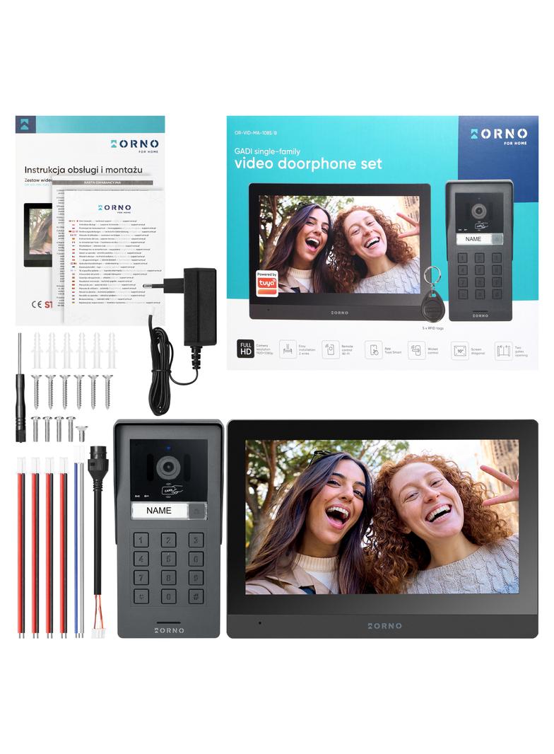 GADI, zestaw wideodomofonowy jednorodzinny, 2-żyłowy, 10", Wi-Fi, ekran dotykowy, Full HD, RFID 125k