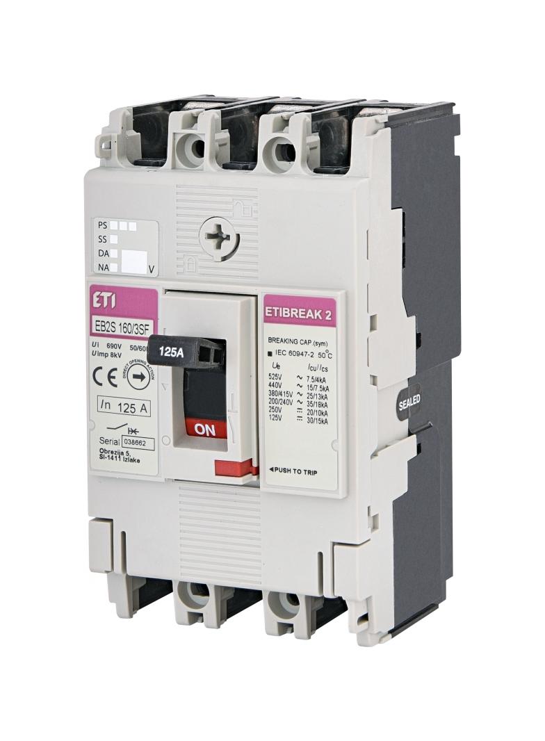 Wyłącznik mocy 3P 25kA wyzw. TM (bez regulacji) EB2S 160/3SF 125A 3P 004671836 ETI