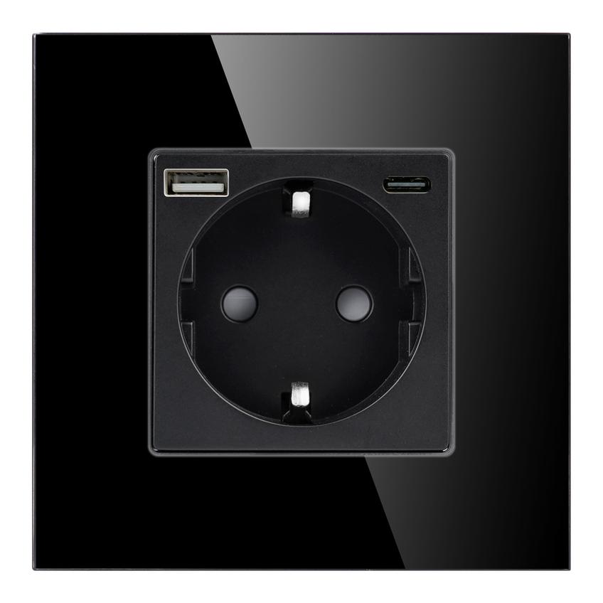 Gniazdo pojedyncze 2P+Z, Schuko, USB-A + USB-C, wyjście 5VDC max. 3A, czarny