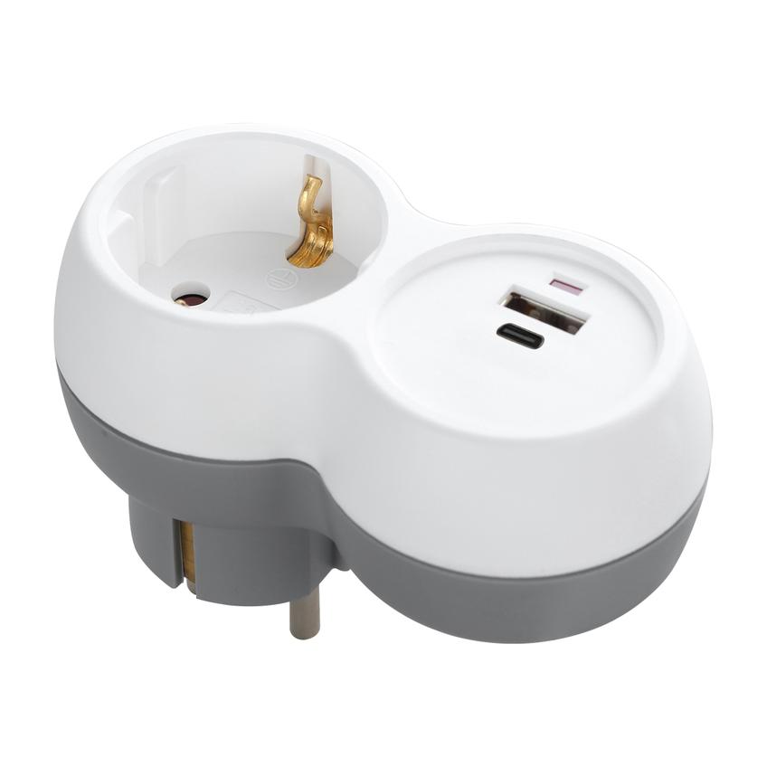 Rozgałęźnik 2P+Z, USB-A+C, schuko, biało-szary