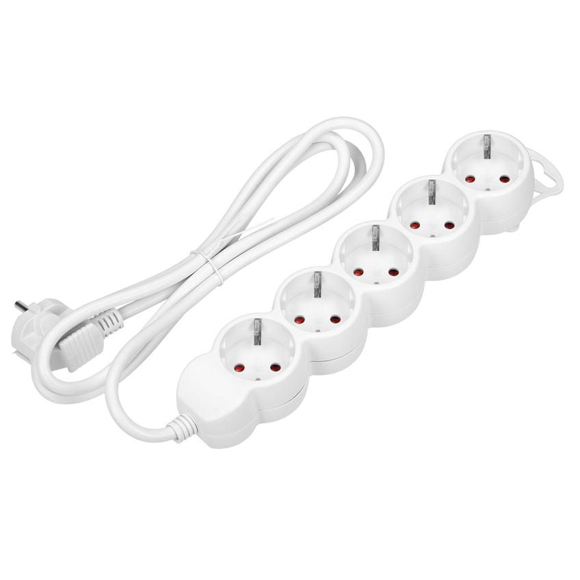 Przedłużacz 5-krotny 2P+Z (Schuko), 3m H05VV-F 3x1,5mm2, Imax=16A, płaska wtyczka, biały