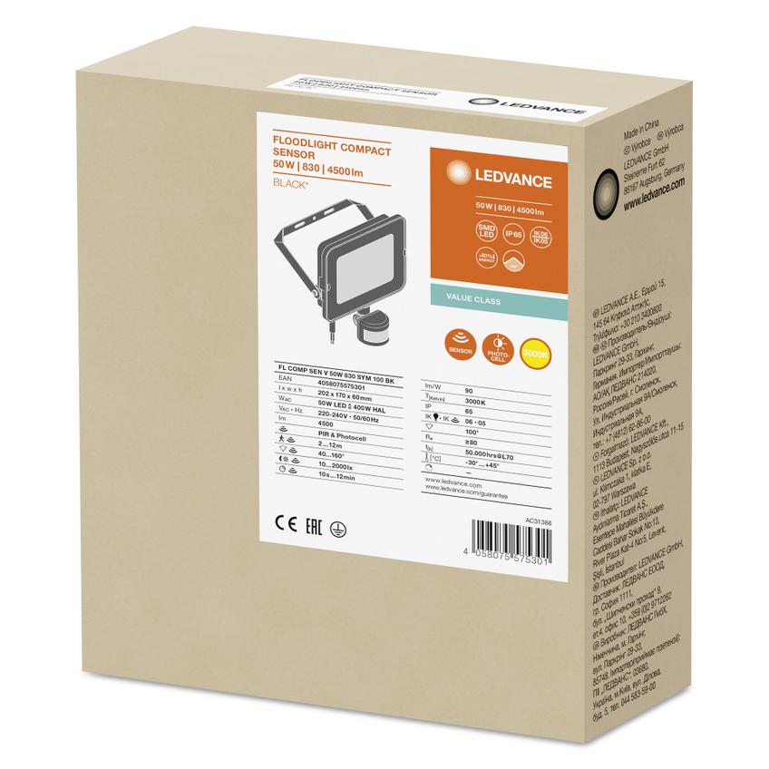 Naświetlacz LED FLOOD COMPACT SENSOR V 50W 830 SYM 100 BK 4058075575301 LEDVANCE
