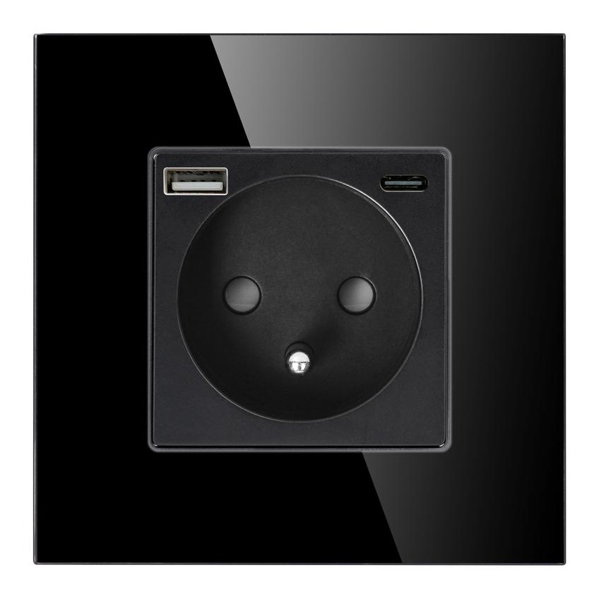 Gniazdo pojedyncze 2P+Z, USB-A + USB-C, PD, max. 20W, czarny