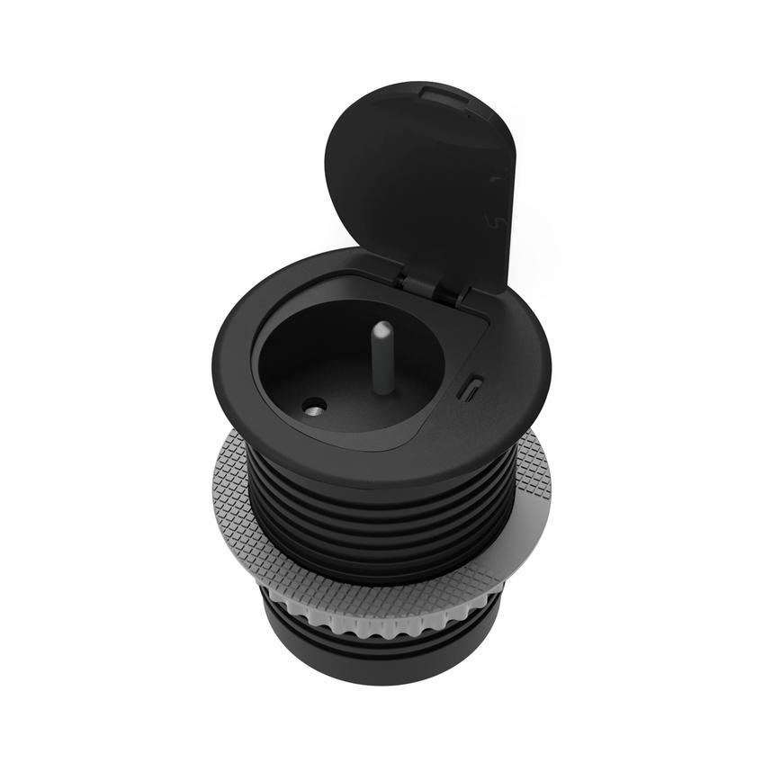 Gniazdo meblowe O6cm wpuszczane w blat z pokrywką, ładowarką USB i przewodem 1,9m, 1x2P+Z (French),