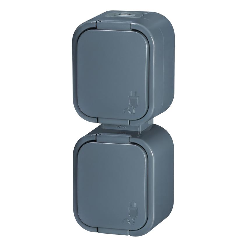 Gniazdo podwójne natynkowe 2x2P+Z, bryzgoszczelne z klapką, pionowe B2, IP54, NT-6B2/P, szary