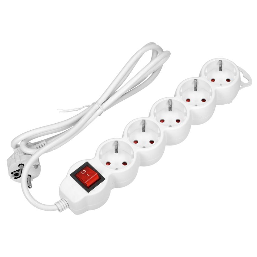 Przedłużacz 5-krotny 2P+Z (Schuko) z wyłącznikiem, 1,5m H05VV-F 3x1,5mm2, Imax=16A, płaska wtyczka,