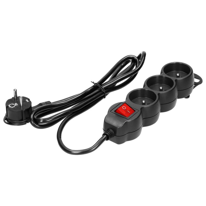 Przedłużacz 3-krotny 2P+Z (Schuko) , z wyłącznikiem, 3m H05VV-F 3x1,5mm2, Imax=16A, płaska wtyczka,