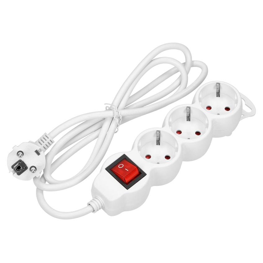 Przedłużacz 3-krotny 2P+Z (Schuko) z wyłącznikiem, 1,5m H05VV-F 3x1,5mm2, Imax=16A, płaska wtyczka,