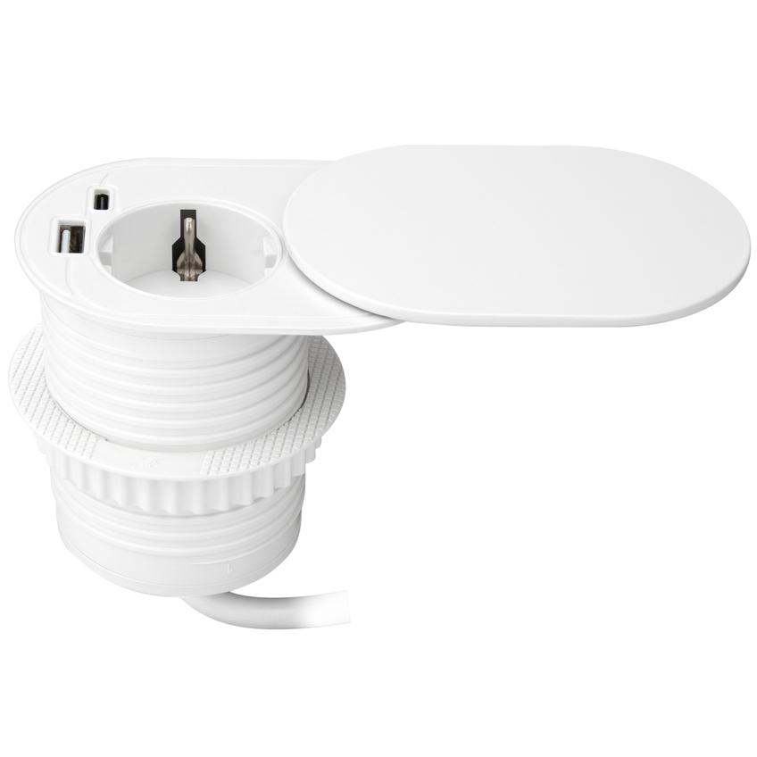 Gniazdo meblowe O6cm, wpuszczane w blat z przesuwną pokrywką, ładowarką USB i przewodem 1,9m, 1x2P+Z