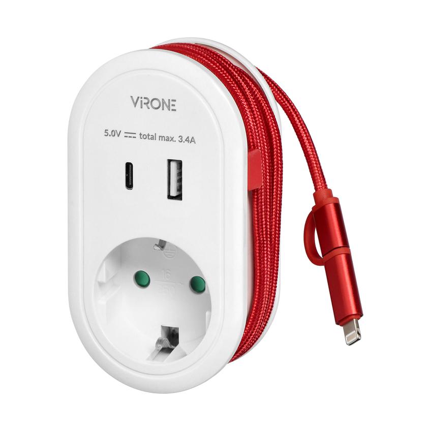 Adapter 1x 2P+Z z ładowarką USB (Typ A+C), 5V DC/ 3,4A, z dodatkowym kablem ładującym (typ C + Light